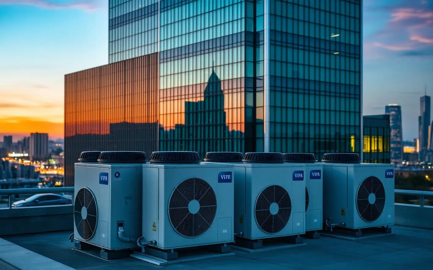 Condensadoras VRF instaladas na cobertura de um edifício corporativo